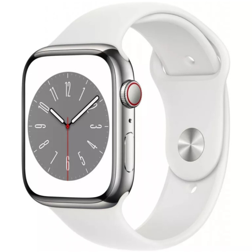 Смарт-часы Apple Watch Series 8 GPS + Cellular 45mm Silver S. Steel Case w. White S. Band (MNKE3)  Фото №0