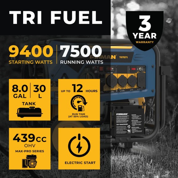 Комбинированный генератор (газ-бензин) Firman Tri Fuel 7500W (T07571)  Фото №4