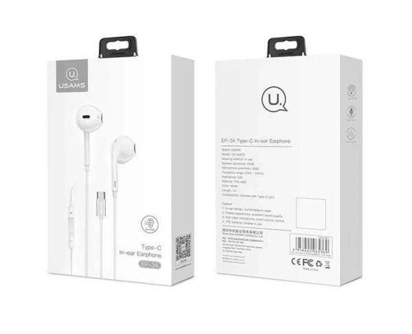 Наушники с микрофоном USAMS EP-34 Type-C White (HSEP3401)  Фото №1