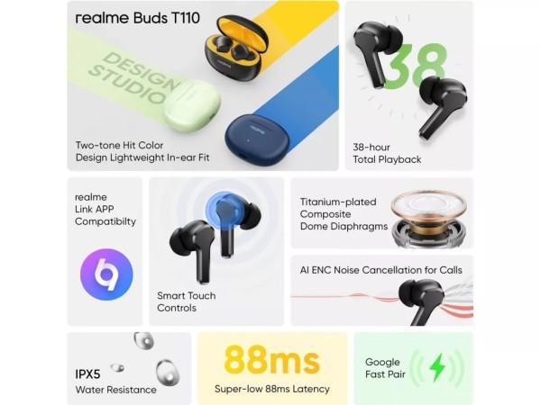 Навушники TWS realme Buds T110 Blue  Фото №6