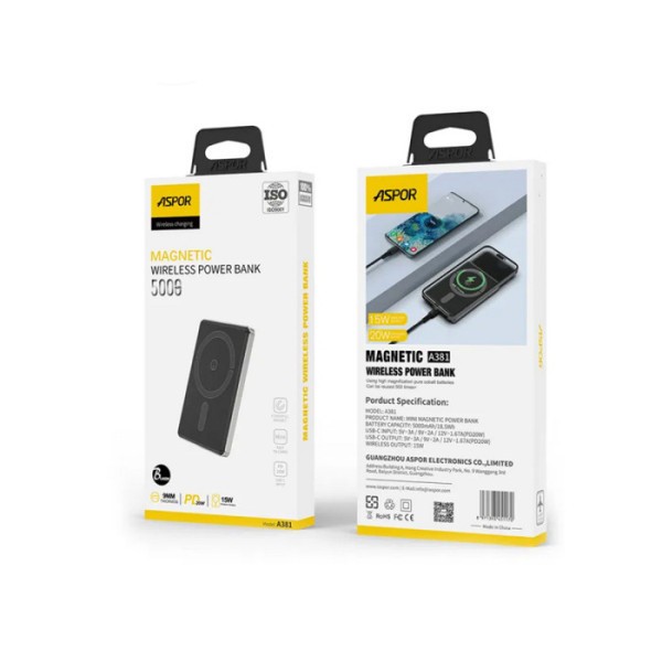 Внешний аккумулятор (Power Bank) ASPOR A381 Magnetic Wireless 5000mAh Purple  Фото №7