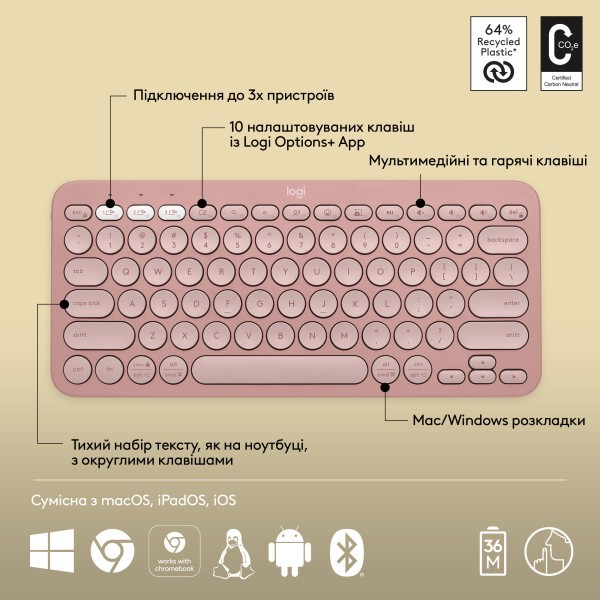 Клавиатура Logitech Pebble Keys 2 K380s Tonal Rose (920-011755)  Фото №15